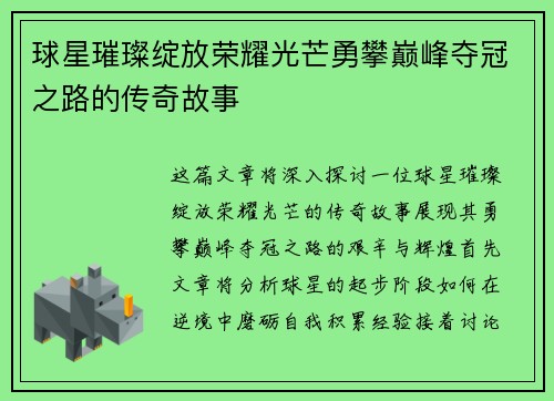球星璀璨绽放荣耀光芒勇攀巅峰夺冠之路的传奇故事