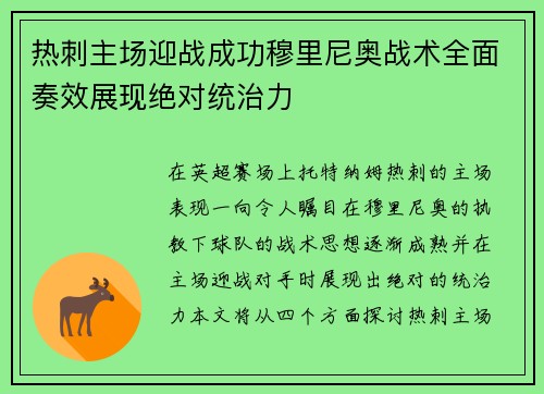 热刺主场迎战成功穆里尼奥战术全面奏效展现绝对统治力