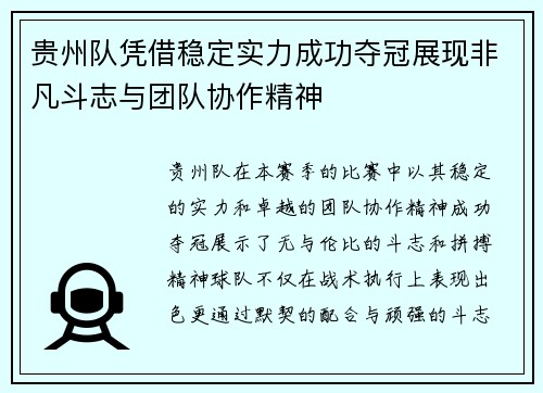 贵州队凭借稳定实力成功夺冠展现非凡斗志与团队协作精神