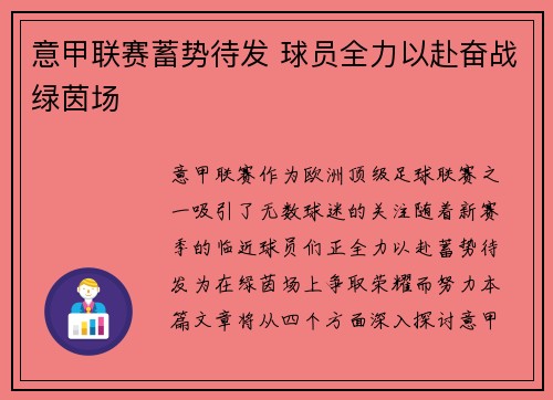 意甲联赛蓄势待发 球员全力以赴奋战绿茵场