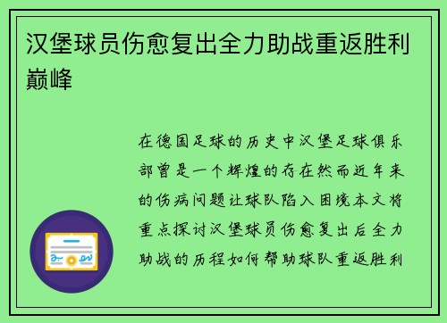 汉堡球员伤愈复出全力助战重返胜利巅峰