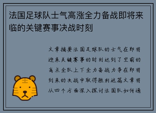 法国足球队士气高涨全力备战即将来临的关键赛事决战时刻