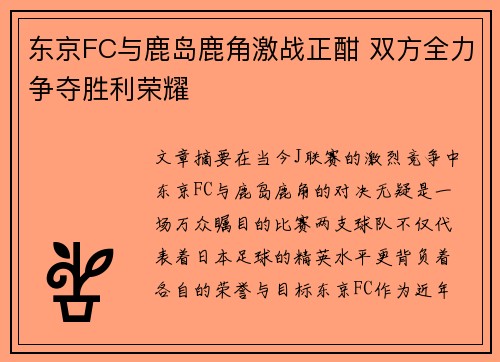 东京FC与鹿岛鹿角激战正酣 双方全力争夺胜利荣耀