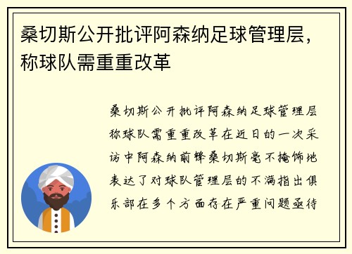 桑切斯公开批评阿森纳足球管理层，称球队需重重改革