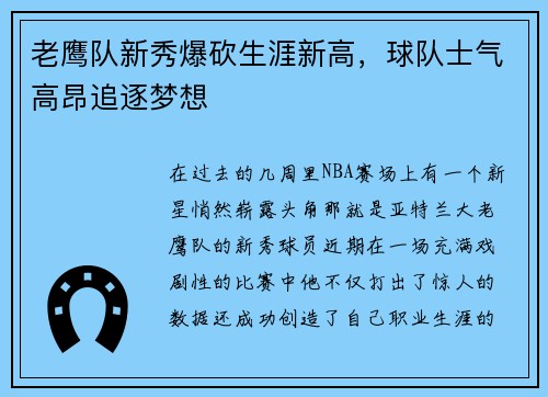 老鹰队新秀爆砍生涯新高，球队士气高昂追逐梦想
