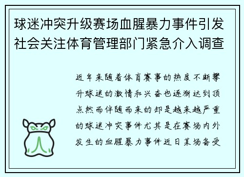 球迷冲突升级赛场血腥暴力事件引发社会关注体育管理部门紧急介入调查